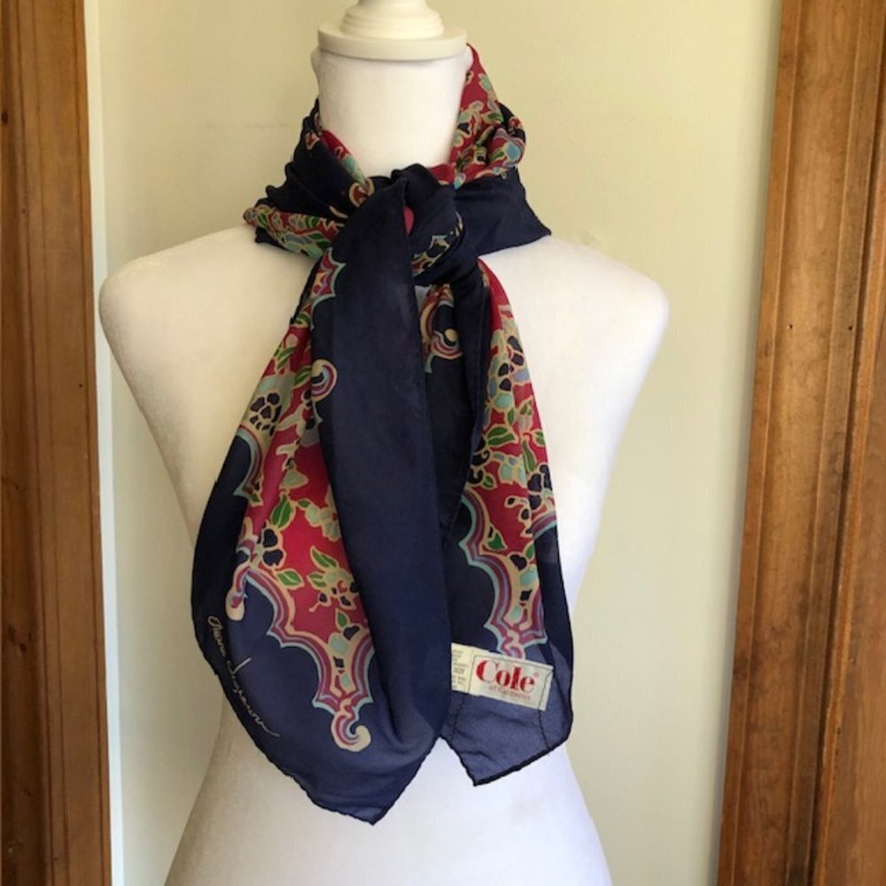 COLE OF CALIFORNIA Marc Vigneron Blue Floral Print Nylon Scarf Square Vi…